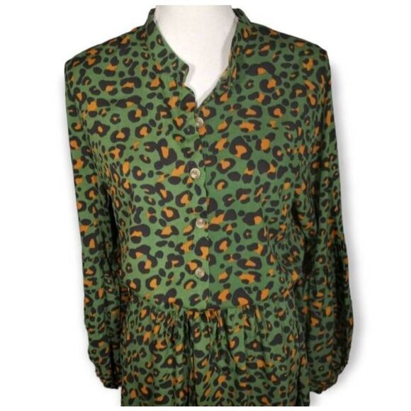 KIRUNDO GREEN LONG SLEEVE LEOPARD PRINT SHIRT DRESS SZ. L NWT. - Picture 4 of 12